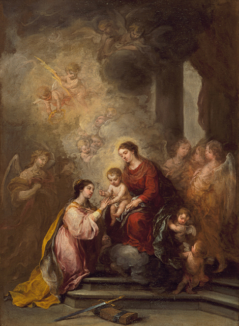 The Virgin Mary sits on steps holding the Christ Child who places a ring on kneeling Saint Catherine, surrounded by angels, clouds, and the saint’s sword and broken wheel in Bartolomé Esteban Murillo’s painting “The Mystic Marriage of Saint Catherine.”
