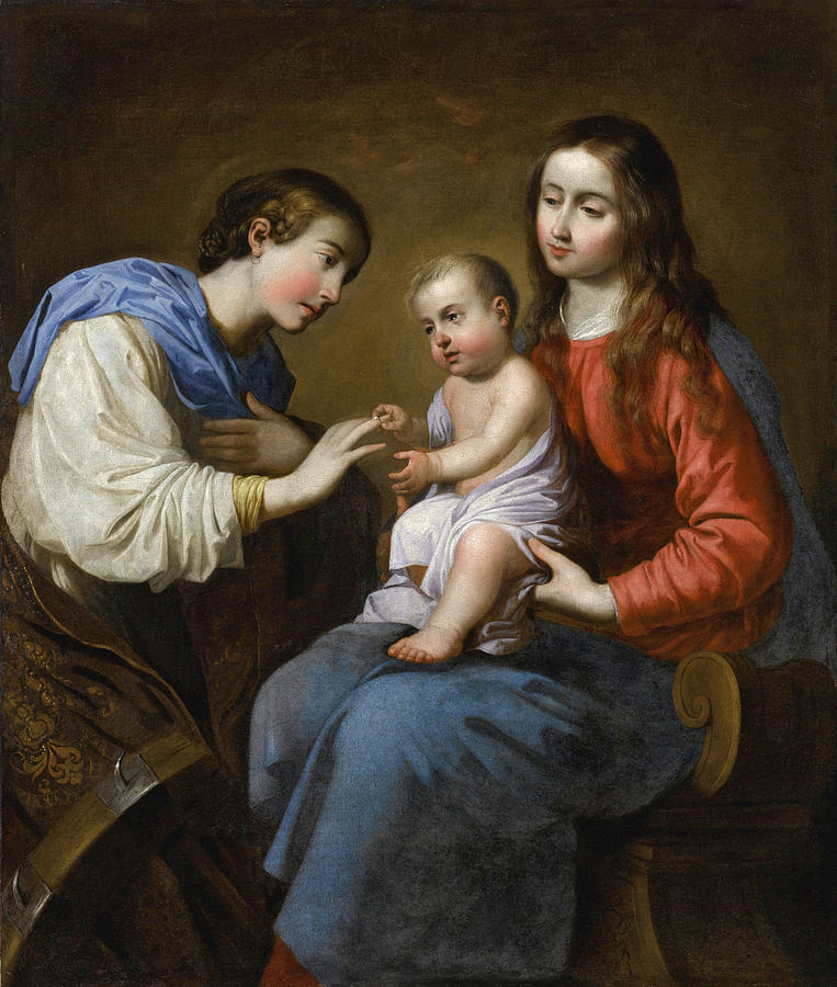Painting by Francisco de Zurbaran showing the Virgin Mary seated with the Christ Child on her lap while Saint Catherine of Alexandria leans in from the left, hands extended toward the child, all three figures softly lit against a warm brown background in an intimate devotional scene.