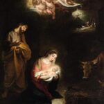 Baroque painting by Bartolomé Esteban Murillo showing the Virgin Mary kneeling and cradling the glowing Christ Child in a dark stable, Saint Joseph standing nearby, an ox beside the manger, cherubs with a scroll in the sky above, and a distant scene of angels announcing the birth to shepherds on a hillside.