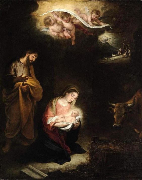 Baroque painting by Bartolomé Esteban Murillo showing the Virgin Mary kneeling and cradling the glowing Christ Child in a dark stable, Saint Joseph standing nearby, an ox beside the manger, cherubs with a scroll in the sky above, and a distant scene of angels announcing the birth to shepherds on a hillside.