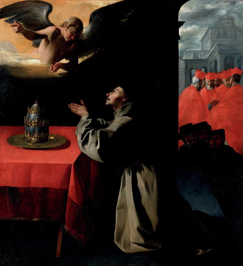 Painting by Francisco de Zurbaran showing St Bonaventure kneeling in a gray Franciscan habit at a red covered table with a papal tiara, looking up toward a winged angel emerging from glowing clouds, while a group of cardinals in bright red robes gathers before a grand church building in the right background.