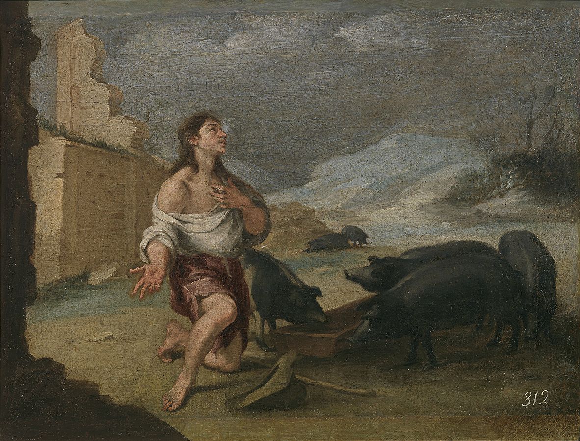 Baroque painting by Bartolomé Esteban Murillo showing the prodigal son barefoot and in torn clothes kneeling beside a ruined wall, hand to his chest and eyes raised to the sky, while dark pigs feed at a trough in a barren landscape under a gray sky.
