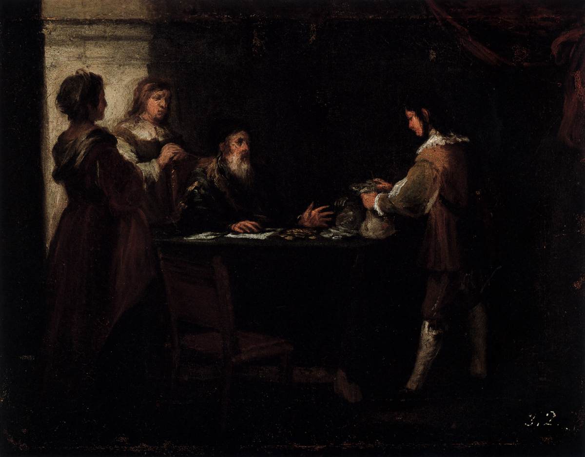 In a dim room an elderly bearded father sits at a table covered with coins and papers while the prodigal son stands at the right filling a money bag and two worried women watch at the left in Bartolomé Esteban Murillo’s painting “The Prodigal Son Receives His Rightful Inheritance.”
