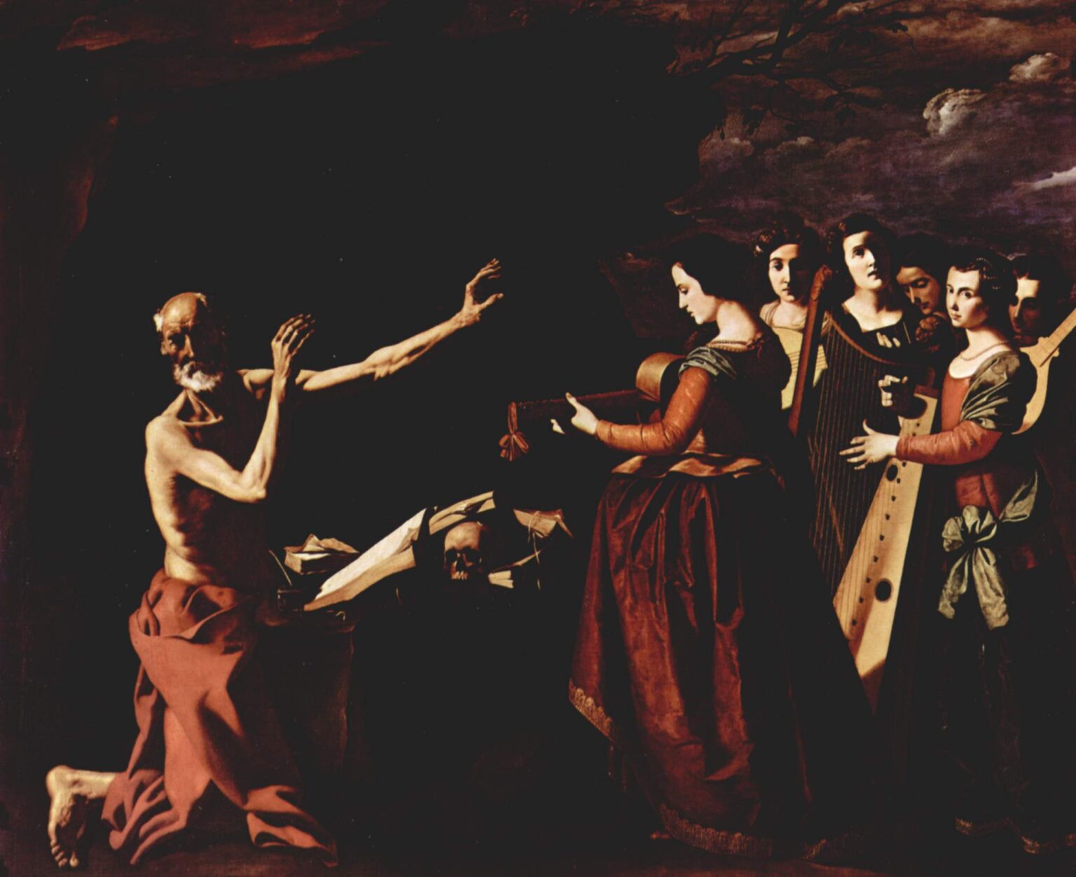 Horizontal painting by Francisco de Zurbaran showing an emaciated St Jerome half naked and kneeling in a dark cave, arms raised defensively toward a group of young women in rich gowns who play lute, harp and other instruments, with books and a skull scattered on a stone ledge between them.