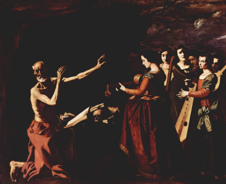 Horizontal painting by Francisco de Zurbaran showing an emaciated St Jerome half naked and kneeling in a dark cave, arms raised defensively toward a group of young women in rich gowns who play lute, harp and other instruments, with books and a skull scattered on a stone ledge between them.