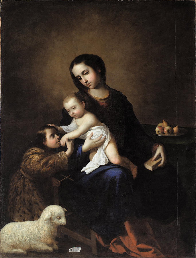 Painting of “The Virgin and Child with the Infant St John the Baptist” by Francisco de Zurbaran showing the Virgin seated in a dark interior with the Christ Child on her lap reaching toward young John the Baptist who kneels beside them, with a white lamb in the foreground and a small table with fruit in the background.