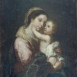 Soft Baroque painting by Bartolome Esteban Murillo showing the Virgin Mary in a rose gown and blue mantle holding the nude Infant Jesus, who reaches up to touch her face, both figures softly illuminated against a dark background.