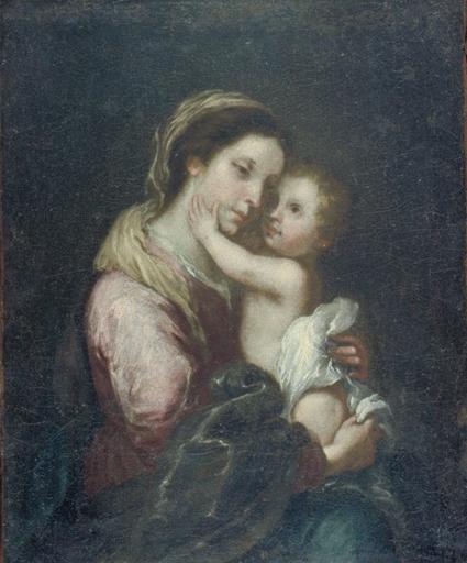 Soft Baroque painting by Bartolome Esteban Murillo showing the Virgin Mary in a rose gown and blue mantle holding the nude Infant Jesus, who reaches up to touch her face, both figures softly illuminated against a dark background.