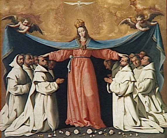 Painting of “The Virgin of the Carthusians” by Francisco de Zurbaran showing the crowned Virgin Mary in a rose dress and wide blue mantle standing at the center while Carthusian monks in white habits kneel on both sides under her cloak, with angels holding the mantle and a dove of the Holy Spirit above in golden clouds.