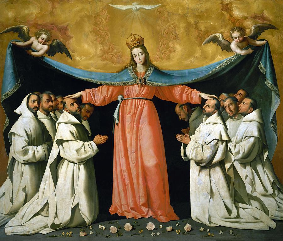 Large Baroque painting by Francisco de Zurbaran showing the crowned Virgin Mary standing frontally with arms outstretched, a wide blue mantle held by two angels sheltering kneeling white robed monks beneath a golden cloud filled sky and the dove of the Holy Spirit.