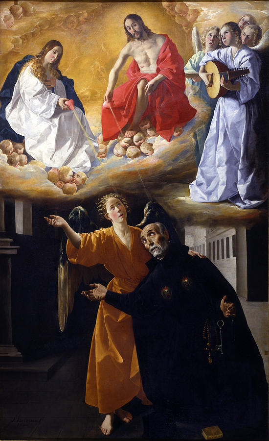 Vertical painting by Francisco de Zurbaran showing Blessed Alonso Rodríguez in a black Jesuit habit guided by a golden robed angel on the lower half, while above them Christ in red, the Virgin Mary in white and blue, and angels with musical instruments appear on glowing clouds filled with cherub heads.