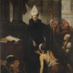 Large Baroque painting by Bartolome Esteban Murillo showing Saint Thomas of Villanova in bishop’s robes giving a coin to a kneeling beggar inside a grand church, surrounded by other poor men, women, and children waiting for alms.