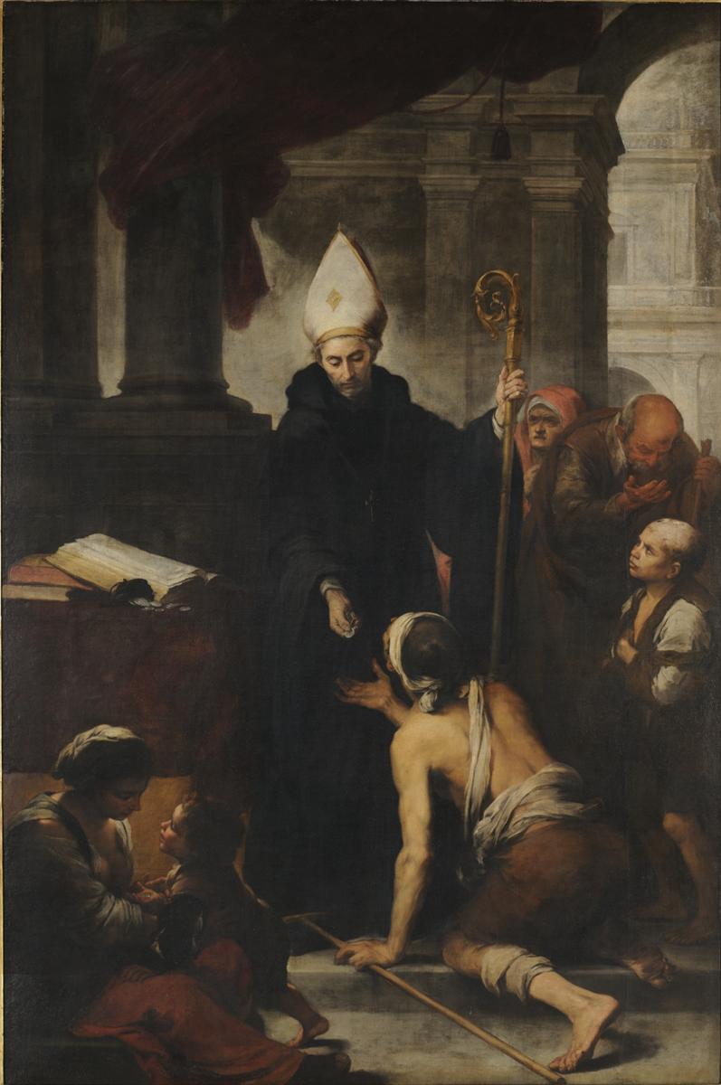 Large Baroque painting by Bartolome Esteban Murillo showing Saint Thomas of Villanova in bishop’s robes giving a coin to a kneeling beggar inside a grand church, surrounded by other poor men, women, and children waiting for alms.