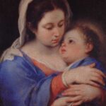 Close up painting of Mary in a blue mantle and white veil gently embracing the Christ Child, their faces touching in a quiet, tender moment, in Bartolome Esteban Murillo’s “Virgin and Child.”