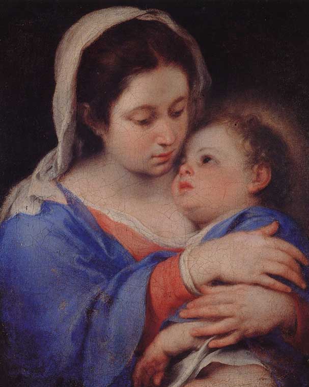Close up painting of Mary in a blue mantle and white veil gently embracing the Christ Child, their faces touching in a quiet, tender moment, in Bartolome Esteban Murillo’s “Virgin and Child.”