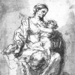 Ink and wash drawing by Bartolomé Esteban Murillo showing the Virgin Mary seated and cradling the nude Christ Child in her arms, surrounded by flowing drapery and expressive lines.