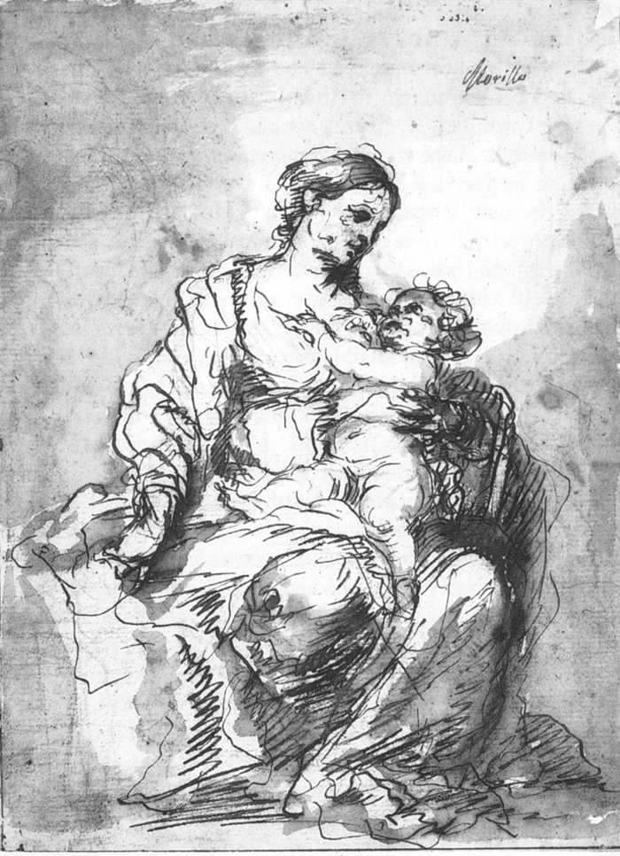 Ink and wash drawing by Bartolomé Esteban Murillo showing the Virgin Mary seated and cradling the nude Christ Child in her arms, surrounded by flowing drapery and expressive lines.