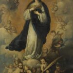 Baroque painting by Bartolomé Esteban Murillo showing the Virgin Mary in a white gown and blue mantle standing on clouds, hands crossed on her chest, gazing heavenward, surrounded by numerous cherubs holding lilies, a palm, a mirror, a ladder, and other Marian symbols against a warm golden sky.