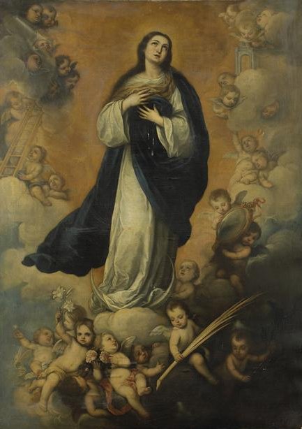 Baroque painting by Bartolomé Esteban Murillo showing the Virgin Mary in a white gown and blue mantle standing on clouds, hands crossed on her chest, gazing heavenward, surrounded by numerous cherubs holding lilies, a palm, a mirror, a ladder, and other Marian symbols against a warm golden sky.