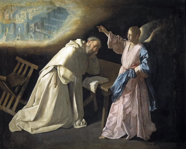 Painting by Francisco de Zurbaran showing St. Peter Nolasco in a white habit kneeling by a bench with an open book, while an angel in pink and blue points toward a luminous walled city appearing in the clouds above a dark interior.