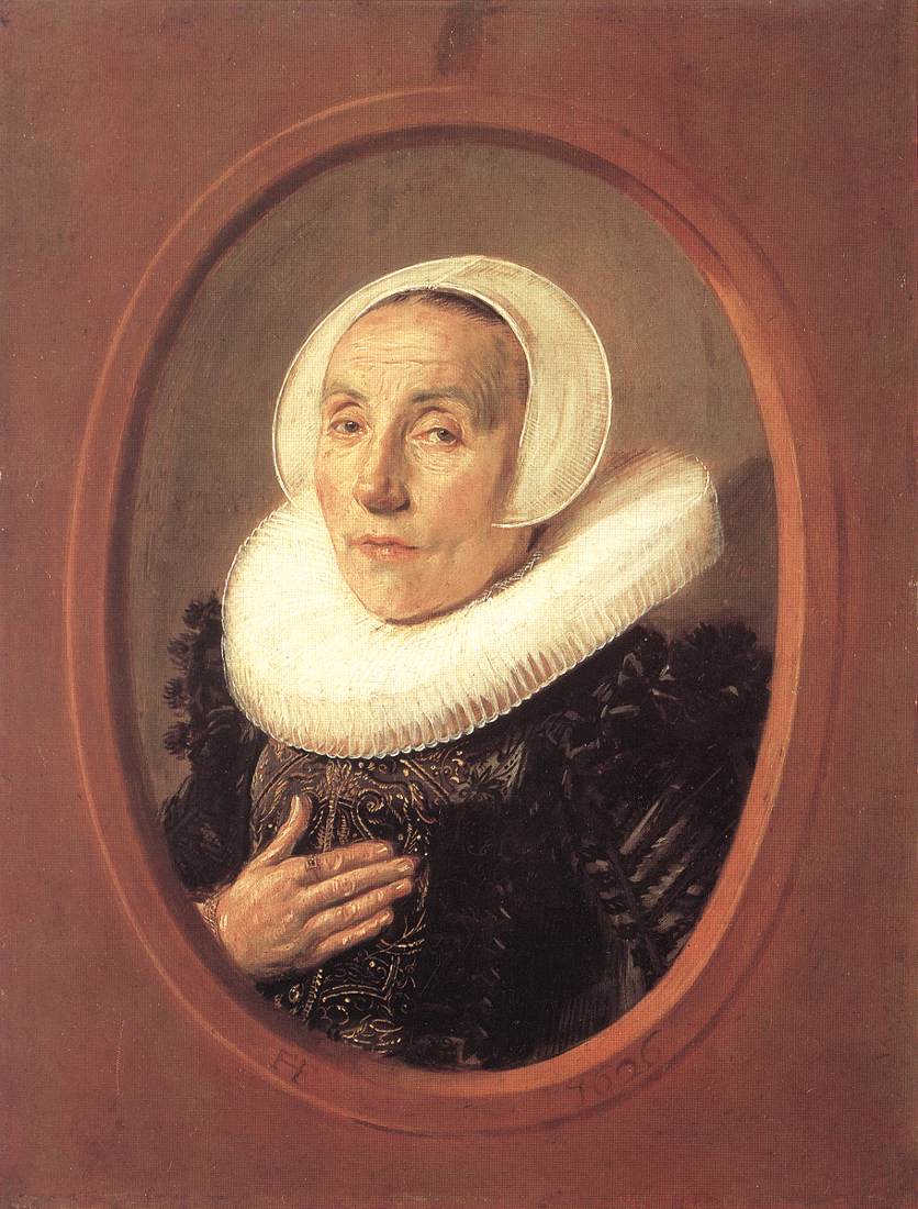 An older woman in a white cap and large white ruff wears a dark dress and holds one hand to her chest, shown in an oval framing against a warm brown background in a 1626 portrait by Frans Hals.