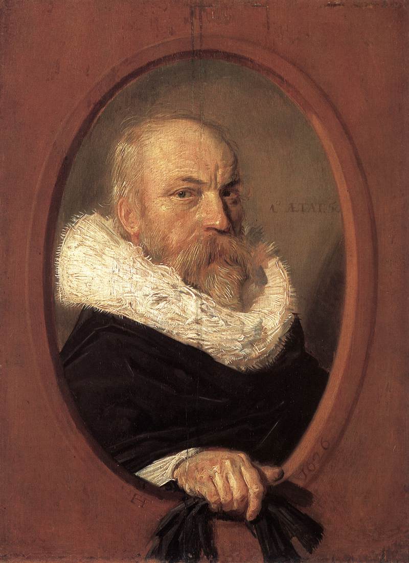 Bearded man in black clothing with a large white ruff turns to look directly at the viewer from an oval opening, resting his hand on a ledge and holding dark gloves, painted by Frans Hals (1626).