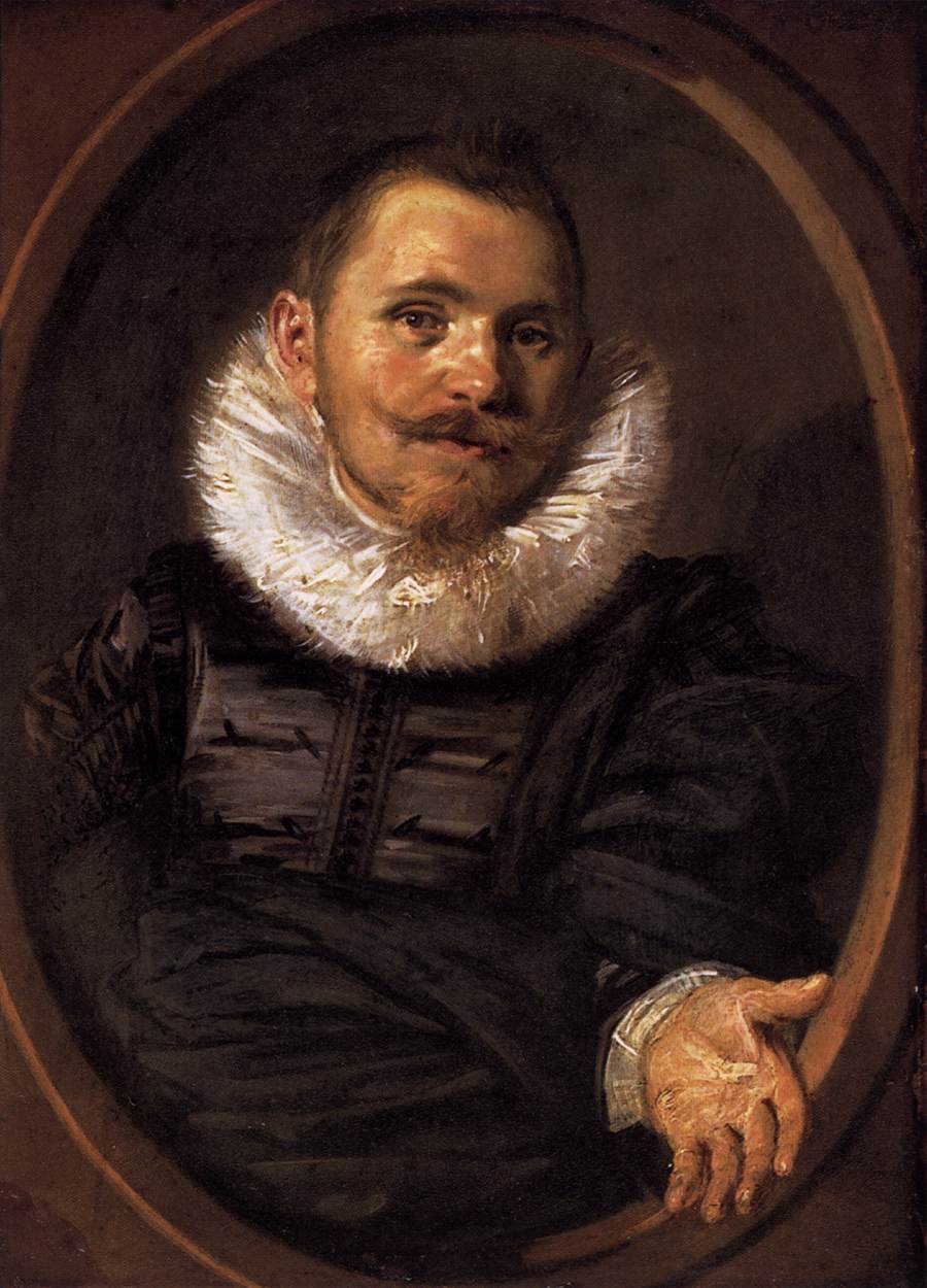 Frans Hals, Portrait of a Man (1627), half-length portrait of a man in dark clothing with a white ruff, framed in an oval, arms crossed and one hand extended toward the viewer, looking outward with a slight smile against a dark background.