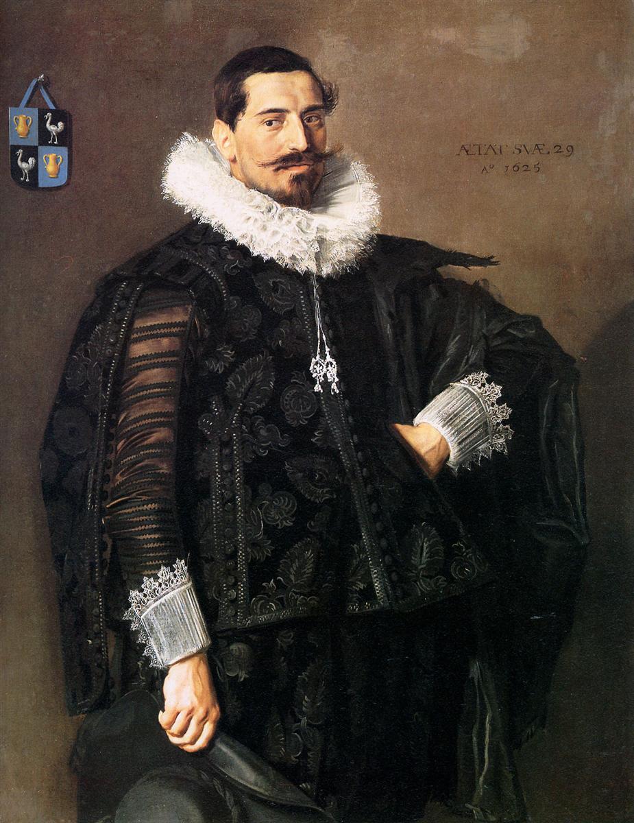 Full length portrait of a mustached man in ornate black clothing with a white ruff and lace cuffs, standing confidently with one hand at his waist and heraldry in the upper left, painted by Frans Hals (1625).