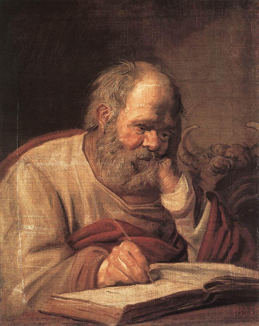 Elderly bearded man identified as St. Luke leans on one hand while writing with a pen beside an open book, lit by warm light against a dark background, painted by Frans Hals (1625).