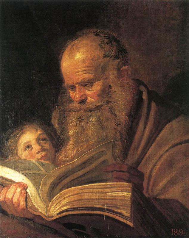 Frans Hals, St. Matthew (1625), close view of an elderly bearded man in a cloak reading a large open book, warmly lit against a dark background, with a youthful figure beside him looking upward.