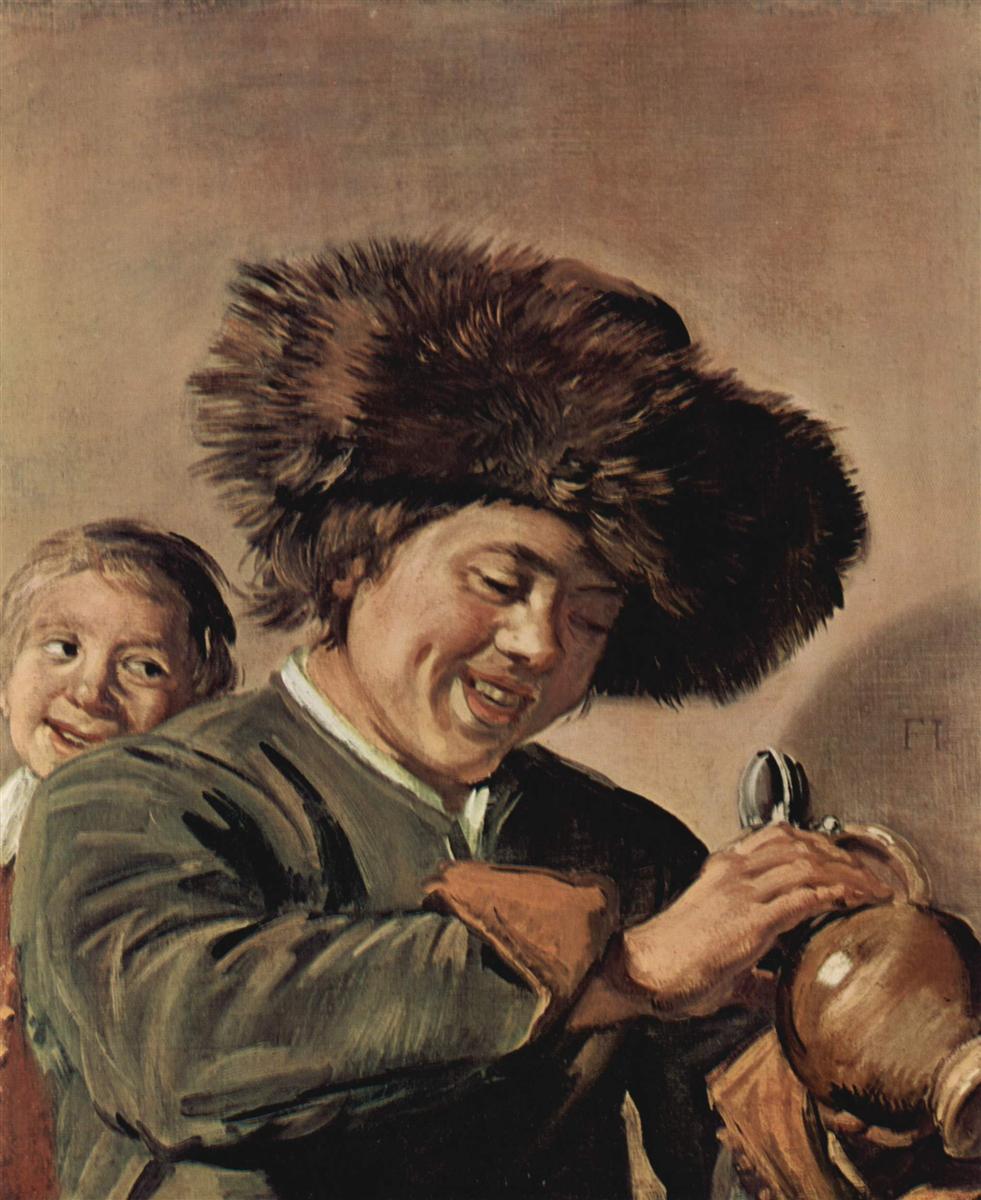 Two smiling boys, one wearing a large dark fur hat, laugh while holding a beer mug at the right edge, painted in a close-up genre scene by Frans Hals in 1627.