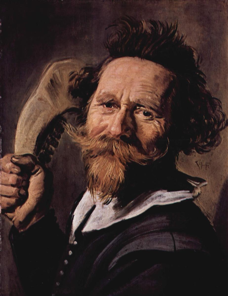 Close portrait of a mustached, bearded man with tousled hair turning toward the viewer while holding up a large curved blade, wearing dark clothing with a white collar against a shadowed background, painted by Frans Hals (1627).