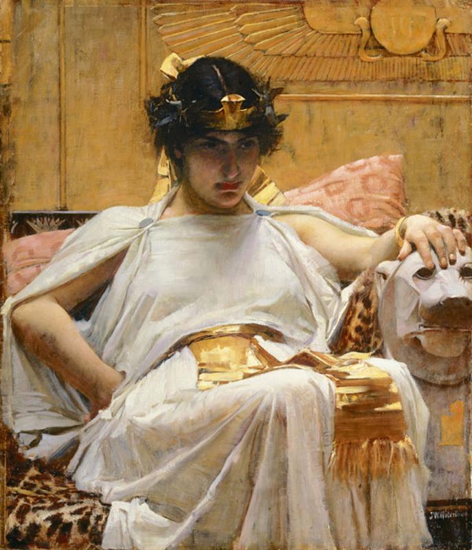 Cleopatra reclining on a throne in a gold Egyptian interior, wearing white drapery and a dark crown, painted by John William Waterhouse in 1887.