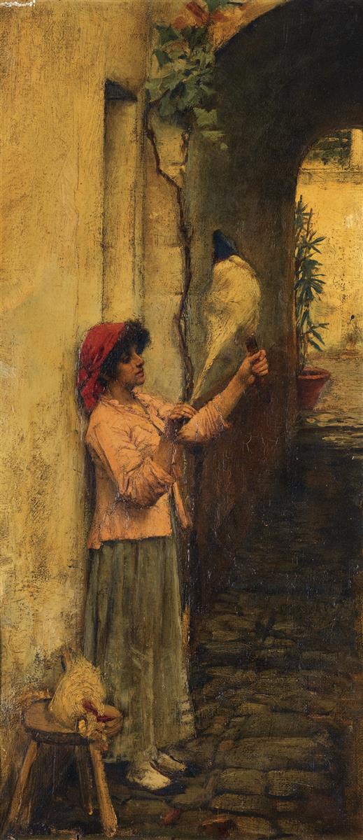 John William Waterhouse, A Neapolitan Flax Spinner (1877), a woman in a red headscarf stands in a shaded archway holding pale flax fiber, with a stool and bundle of flax beside her and a sunlit courtyard beyond.
