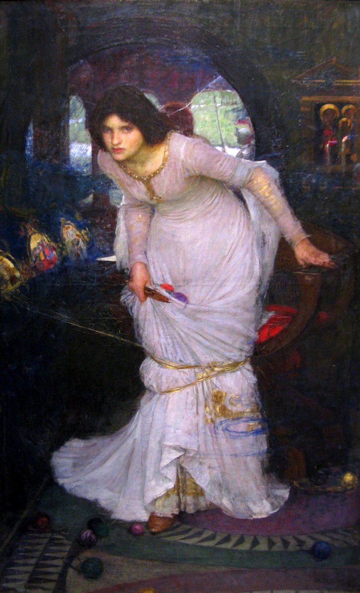 A dark interior scene shows the Lady of Shalott in a pale white dress leaning forward from her loom, clutching a weaving shuttle with colored threads, as taut strands cross the space and a circular opening behind her hints at the outside world she longs to see.