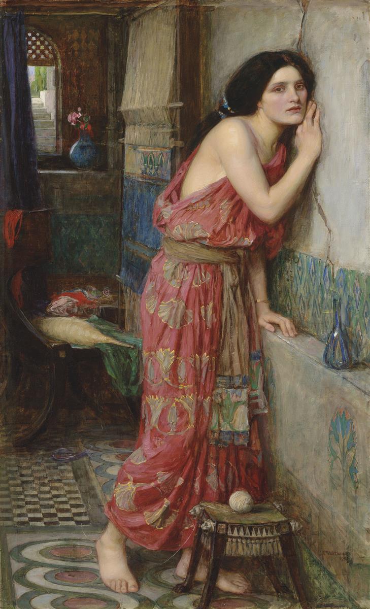 John William Waterhouse, Thisbe (1909), a young woman in a rose patterned draped dress leans against a pale wall, listening anxiously in a richly decorated interior with tiled floor, textiles, and a distant open window.