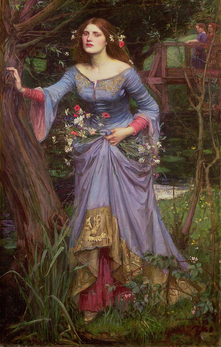 John William Waterhouse Ophelia 1910 painting showing a red-haired woman in a blue-violet medieval-style dress with gold trim, holding wildflowers beside a tree in a lush green garden with a wooden bridge and figures in the background.