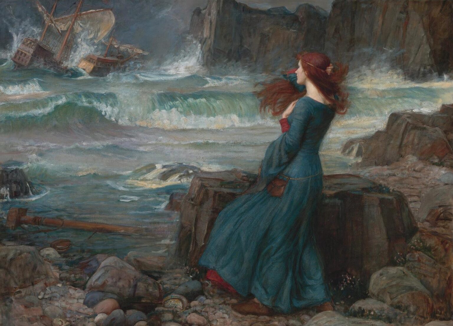 John William Waterhouse painting “Miranda” (1916) showing a red-haired woman in a blue-green dress standing on a rocky shore as rough waves crash and a ship struggles near dark cliffs in a stormy sea.