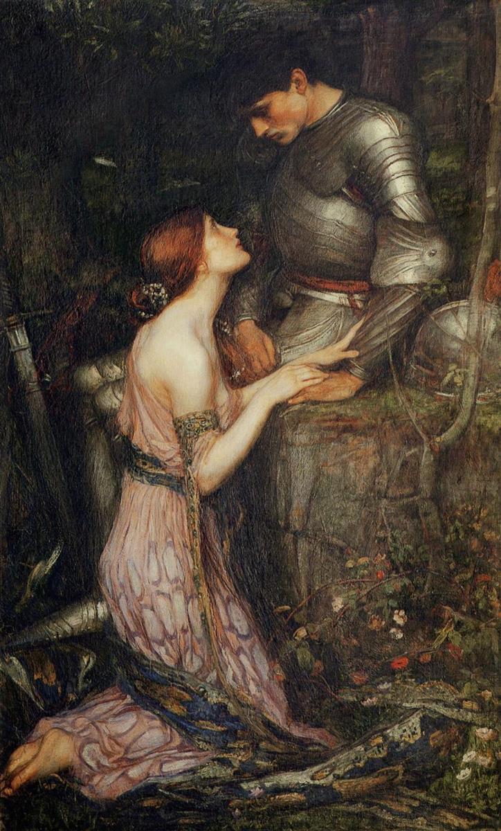 A kneeling woman in a rose dress gazes up at an armored soldier leaning over a stone ledge in a dark woodland setting, their hands nearly touching amid flowers and shadowed foliage, in John William Waterhouse’s Lamia and the Soldier (1905).