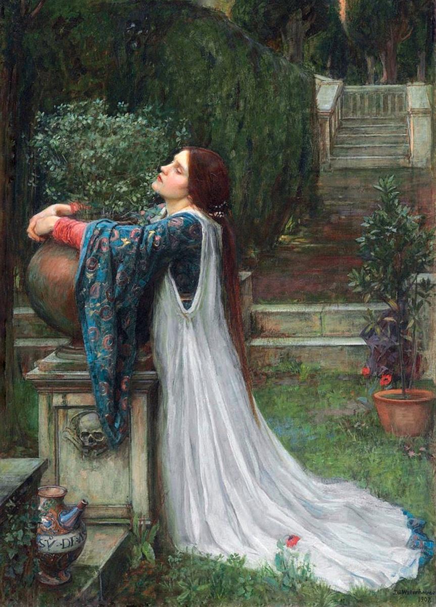 John William Waterhouse, Isabella and the Pot of Basil (1907), a red haired woman in a long white dress leans with closed eyes against a large terracotta pot on a stone pedestal in a dark garden with steps and foliage.