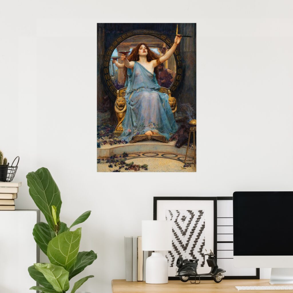 Poster mockup of “Circe Offering the Cup to Ulysses” by John William Waterhouse, hanging on a light wall in a modern home office above a desk with a computer and decor.