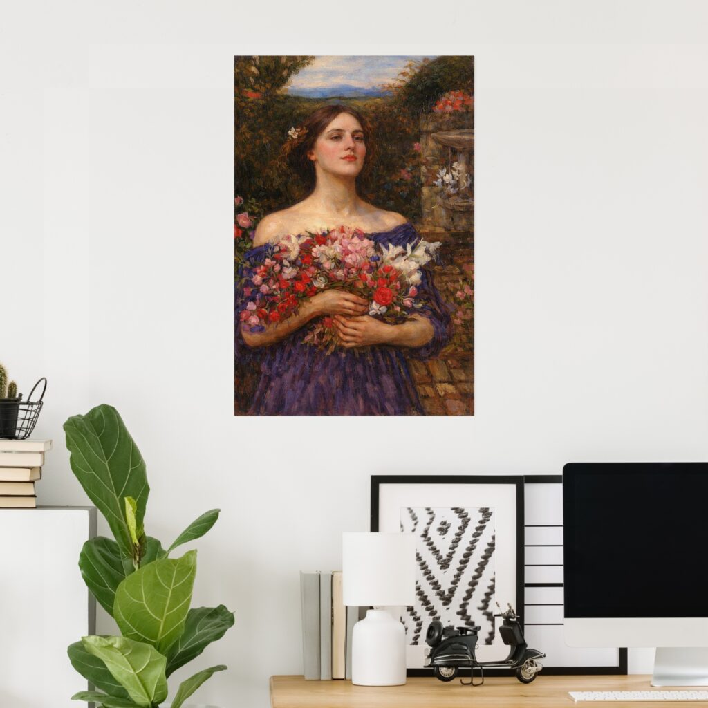 Poster of “Gather Ye Rosebuds” by John William Waterhouse on a white wall in a modern home office, above a desk with books, a plant, and a computer.