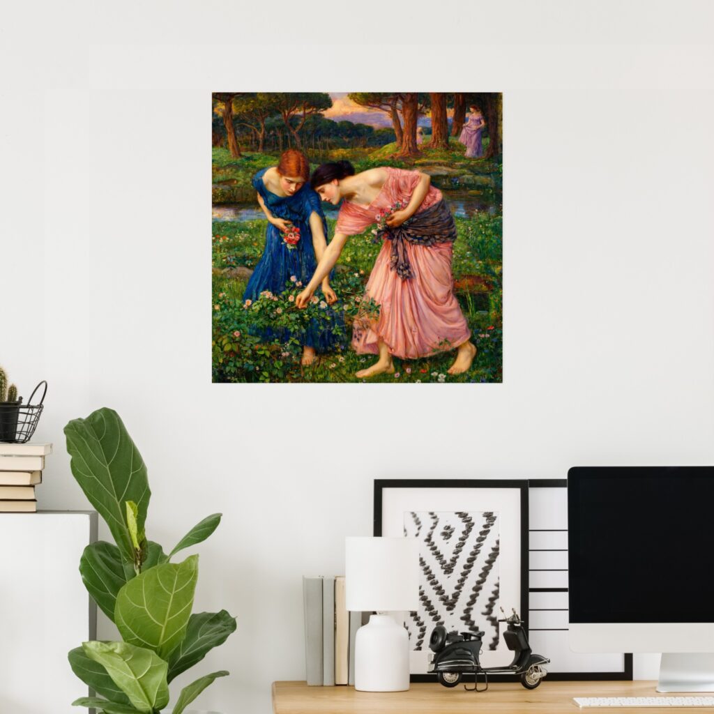 Poster print of “Gather Ye Rosebuds While Ye May” by John William Waterhouse, showing two women picking rosebuds beside a river in a lush garden landscape.