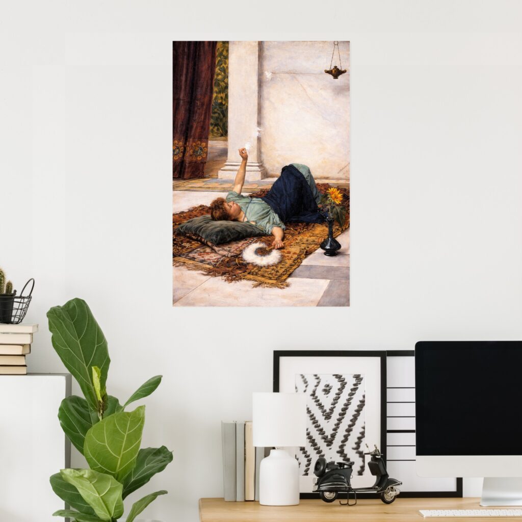 Poster of “It’s Sweet Doing Nothing” by John William Waterhouse displayed on a minimalist home office wall above a desk with a computer, books, a white lamp, and a green potted plant.