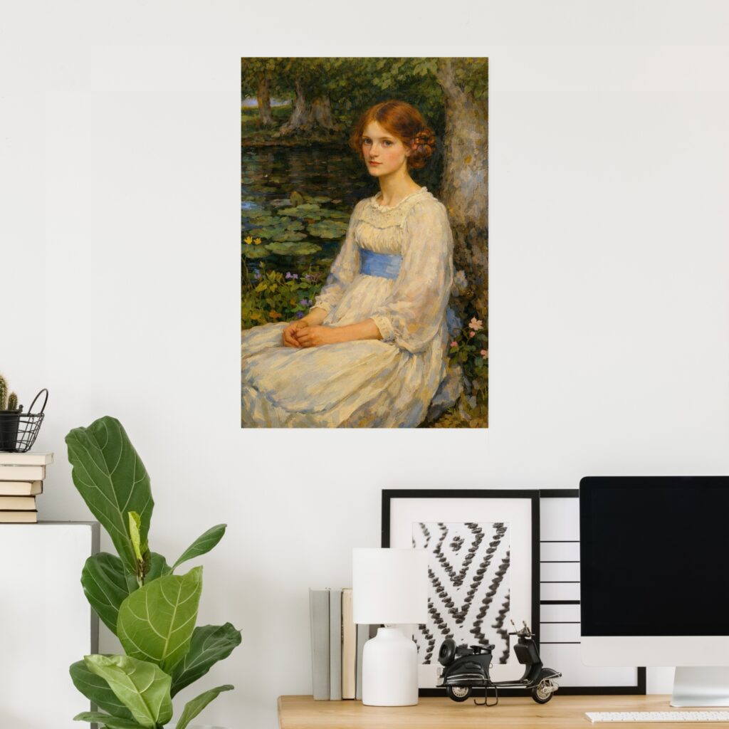Poster of “Miss Betty Pollock” by John William Waterhouse, showing a red-haired woman in a white dress seated by a pond with lilies and trees, displayed on a modern home office wall.