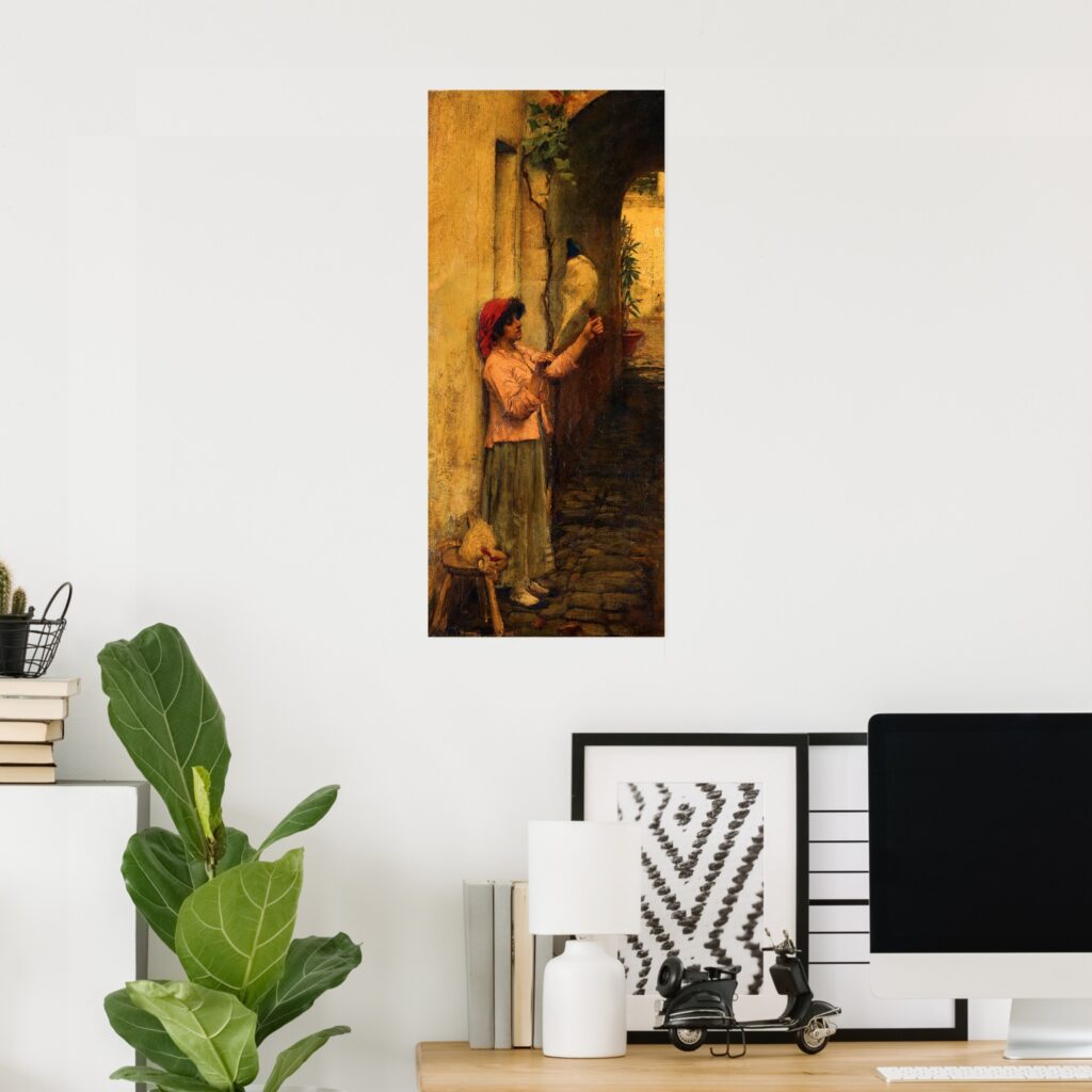 Poster of “A Neapolitan Flax Spinner” by John William Waterhouse, showing a young woman in a red headscarf and pale pink blouse spinning flax beside a sunlit stone archway, with a cobblestone path and warm golden walls.