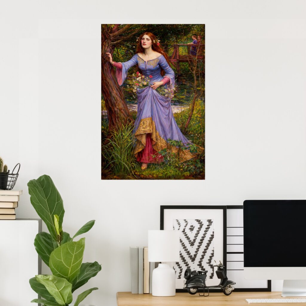 Ophelia by John William Waterhouse art poster print, Pre-Raphaelite painting reproduction featuring a red-haired woman in a lavender dress holding wildflowers in a lush riverside garden scene.