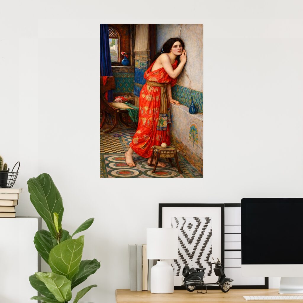 Poster of “Thisbe” by John William Waterhouse, featuring a woman in a vivid red patterned dress leaning against a wall in an ornate tiled interior.