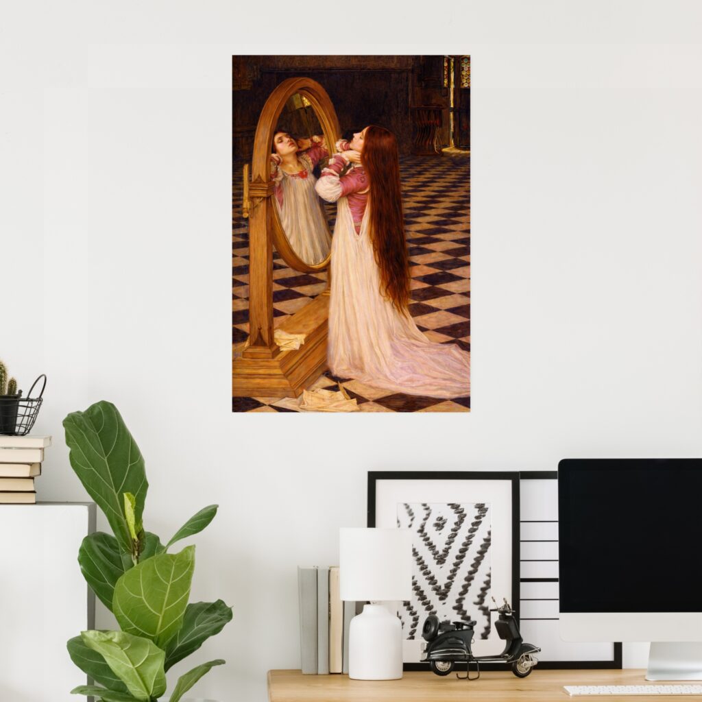 Poster of “Mariana in the South” by John William Waterhouse, showing a red-haired woman in a flowing white dress standing beside a tall oval mirror on a black-and-white tiled floor.
