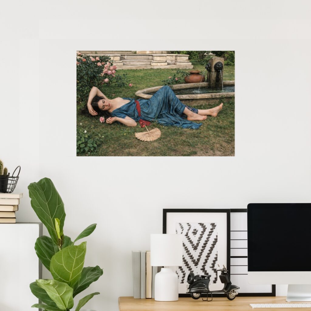 Poster print of “Sweet Summer” by John William Waterhouse, featuring a reclining woman in a blue dress beside a garden fountain with roses.